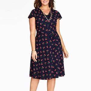 Talbots Navy Blue Cherry Print Dress Pin Up women’s medium V-Neck
